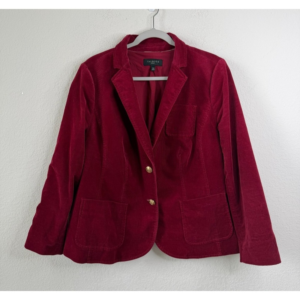 Talbots Corduroy Blazer Jacket Sz 14W Wine Red Gold Button Office Career Preppy